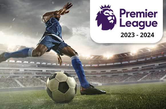 Calciarore in azione, logo Premier League 2023/24