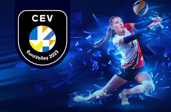 Giocatrice di volley in azione, logo EuroVolley 2023