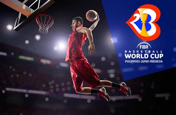 Giocatore di basket in schiacciata, logo FIBA World Cup 2023