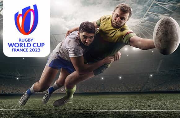 Rugbisti in azione. logo Mondiali di rugby 2023
