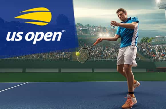 Tennista in azione, logo US Open 2023