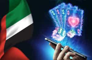 Bandiera Emirati Arabi, smartphone con carte e dadi