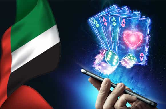 Bandiera Emirati Arabi, smartphone con carte e dadi