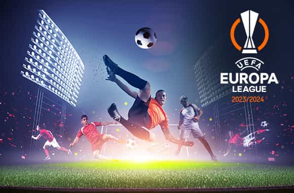 Calciatori in azione, logo Europa League 2023/24