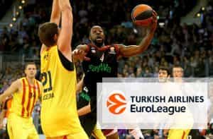 Giocatori di basket in azione, logo Euroleague