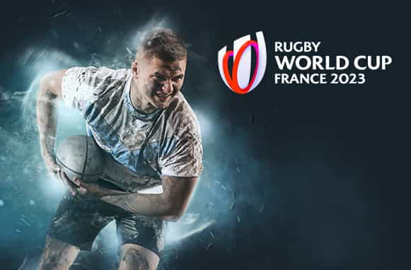 Rugbista in azione. logo Rugby world cup 2023