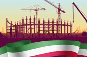 Stadio in costruzione, bandiera italiana