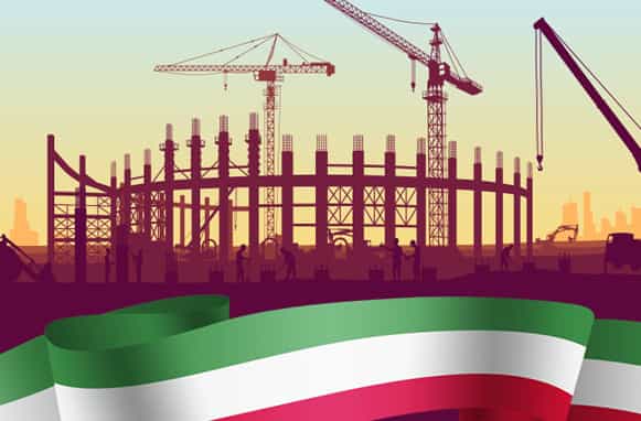 Stadio in costruzione, bandiera italiana