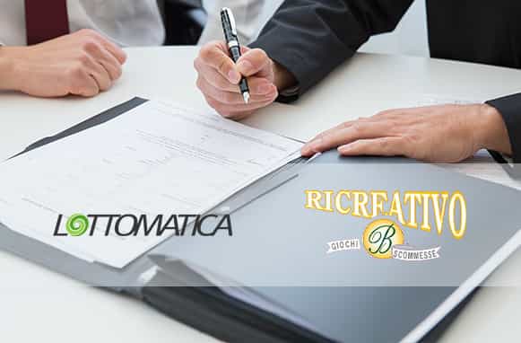 Persona che firma un documento, logo Lottomatica, logo Ricreativo B