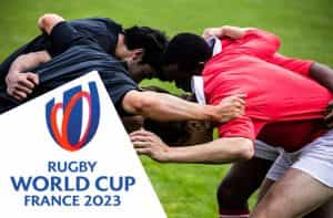 Rugbisti in azione. logo Rugby World Cup 2023