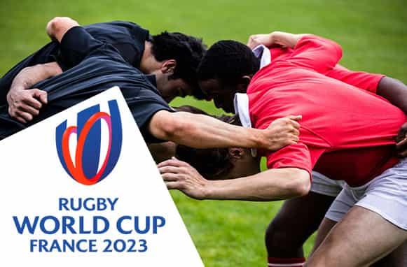 Rugbisti in azione. logo Rugby World Cup 2023