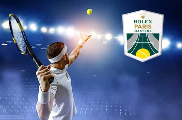 Tennista in azione, logo Rolex Paris Masters