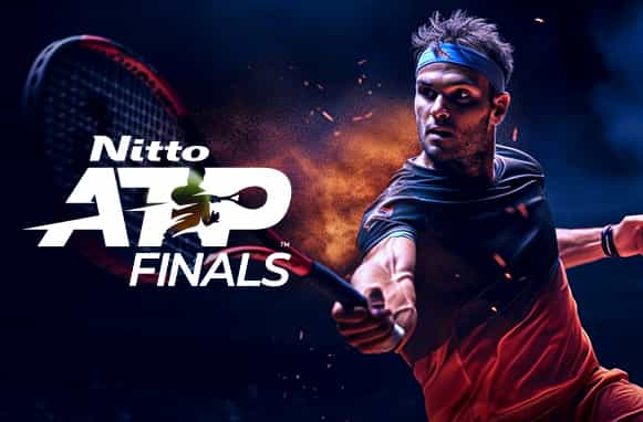 Tennista in azione, logo ATP Finals