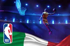 Giocatore di basket in azione, logo NBA e bandiera italiana