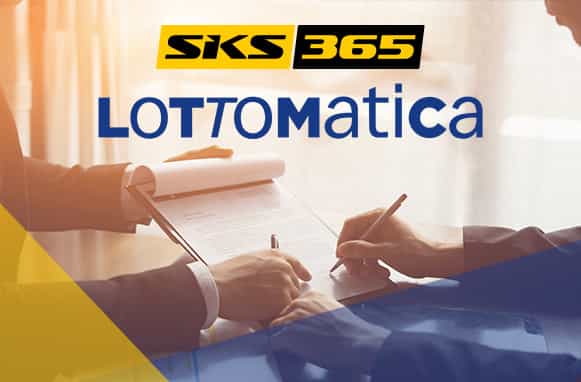 Mani che firmano un contratto, logo SKS365, logo Lottomatica