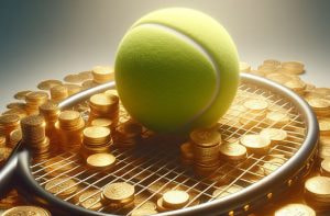 Tennis ball and racket, gold coins