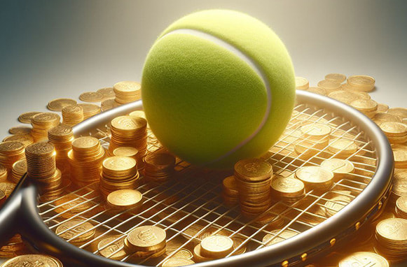 Pallina e racchetta da tennis, monete d'oro