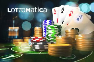 Cards, money, chips and Lottomatica logo