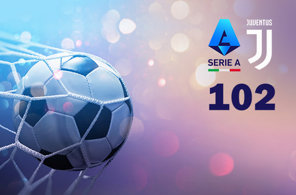 Pallone in rete, logo Juve, logo Serie A e la scritta 102