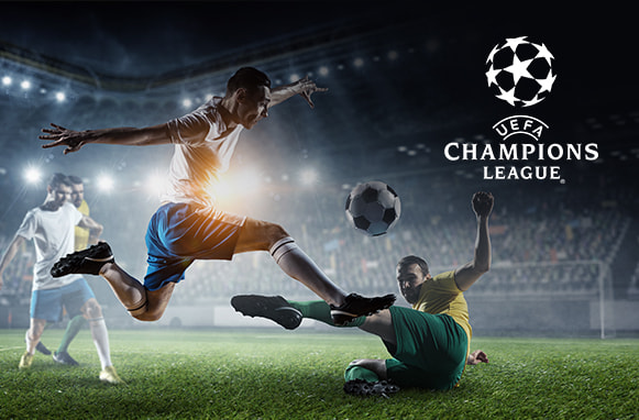 Giocatori in azione, logo Champions League