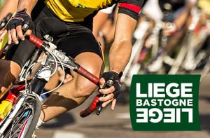 Ciclista in azione e logo Bastogne Liegi Bastogne