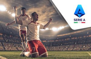 Calciatori che esultano e logo Serie A