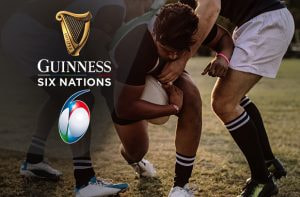 Giocatori di rugby e logo Sei Nazioni 