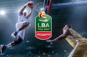Giocatori di basket in azione e logo Coppa Italia LBA