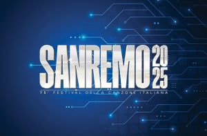 Algoritmo sullo sfondo e logo di Sanremo 2025