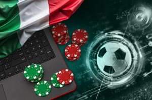 Quote, fiches, laptop e bandiera italiana