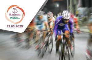 Gara di ciclisti e logo Milano-Sanremo