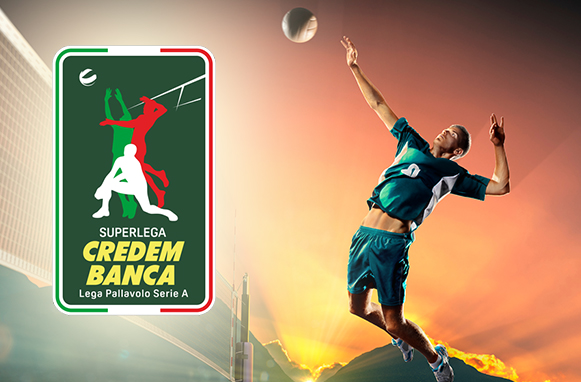 Pallavolista in azione. logo Superlega