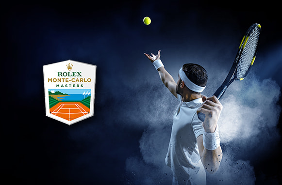 Tennista al servizio e logo Monte Carlo Masters
