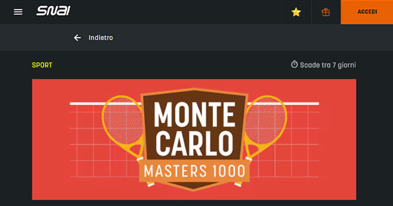 La promo scommesse Monte Carlo Masters 1000 di SNAI