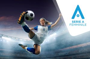 Calciatrice in azione, logo Serie A femminile