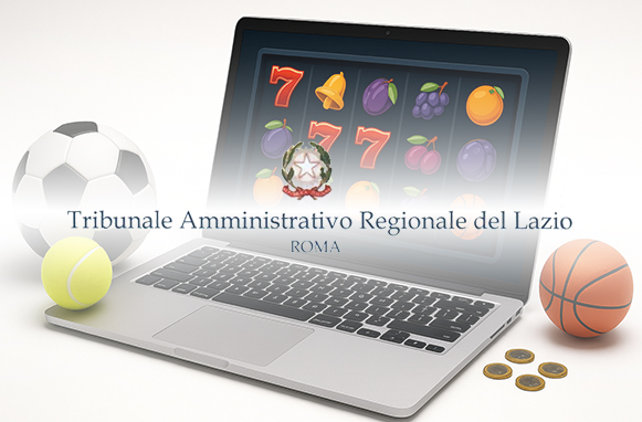 Laptop, simboli di casinò e scommesse e scritta TAR