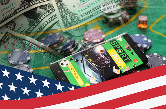 Dollari, fiches, sito di scommesse sportive e bandiera americana