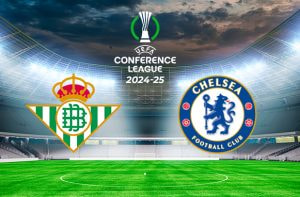 Logo Conference League, logo Betis e logo Chelesea