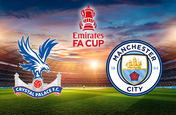 Logo della FA Cup e delle finaliste Crystal Palace e Manchester City 