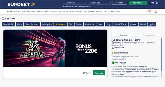 La promo scommesse Giro d'Italia di Eurobet