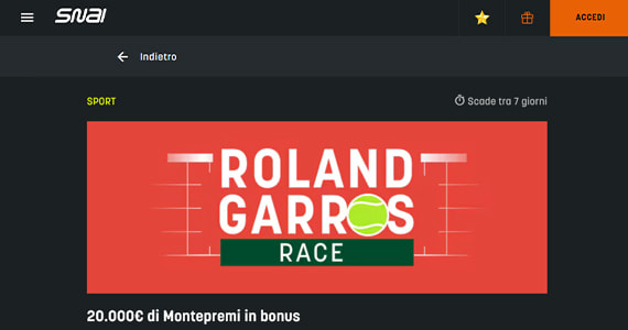 La promo scommesse Roland Garros Race di SNAI