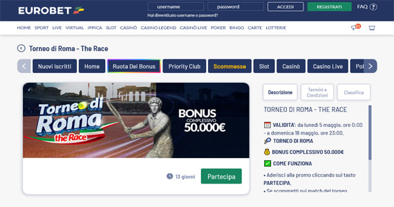 La promo scommesse Torneo di Roma - the Race di Eurobet