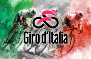 Ciclisti, bandiera italiana, logo Giro d'Italia