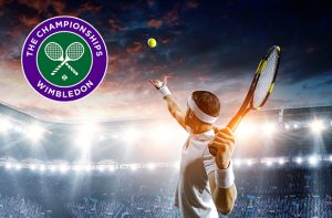Tennista alla battuta e logo di Wimbledon