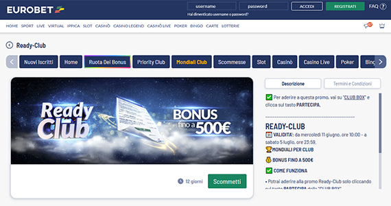 La promo scommesse Ready Club di Eurobet