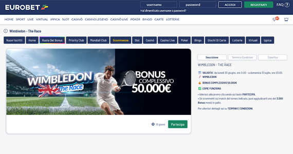 La promo scommesse Wimbledon - the Race di Eurobet