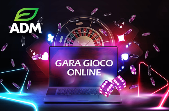 Laptop, elementi di gioco, logo ADM