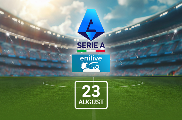 Campo di calcio e logo Serie A con data 23 agosto