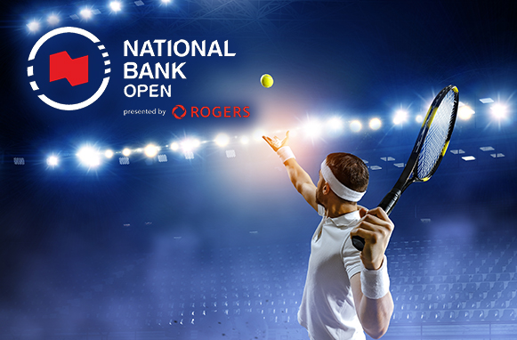 Tennista in battuta e logo Canadian Open