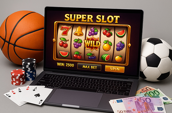 Schermo con una slot sopra, pallone da basket, pallone da calcio, carte da gioco e banconote